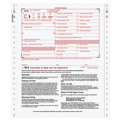 W-3 Continuous Transmittal of Income, 2-Part, 1-Wide